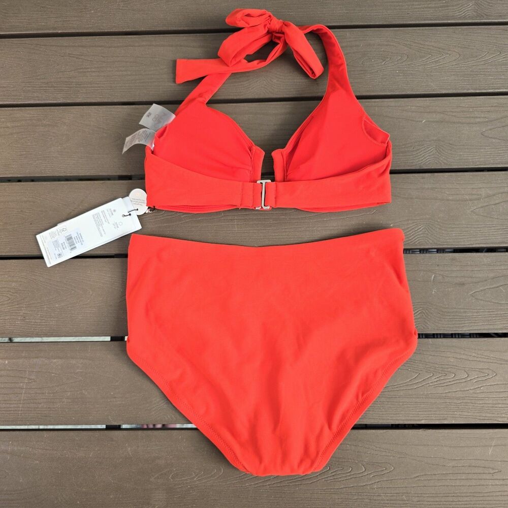 CALIA Women's Fresh Red U-bar Halter Top & Adjustable Tie Front Bikini Sz L New - Picture 2 of 4